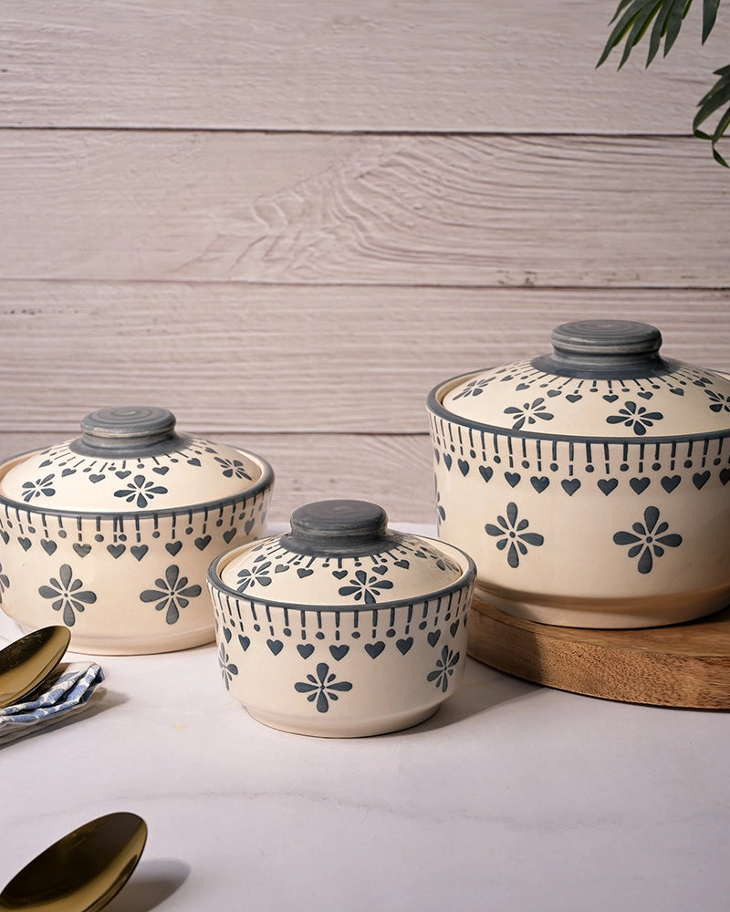 Vintage grey white ceramic bowl set with lid