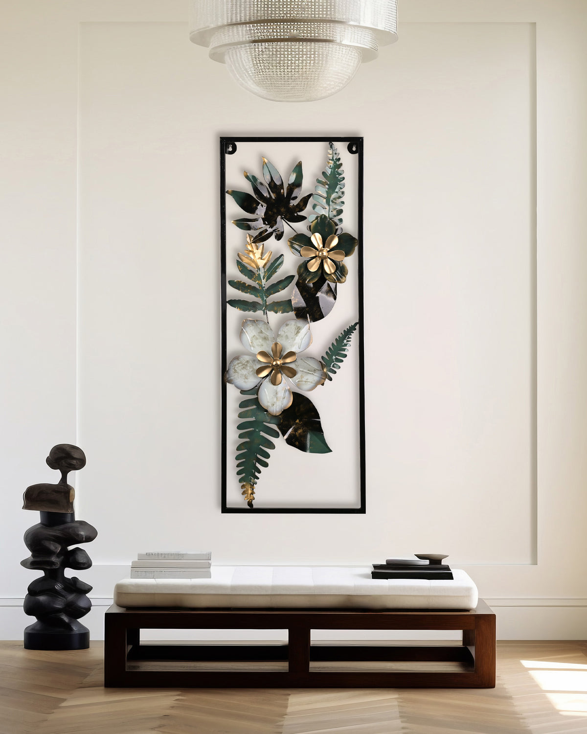 Elegant metal wall decor featuring whimsical floral and leaf motifs