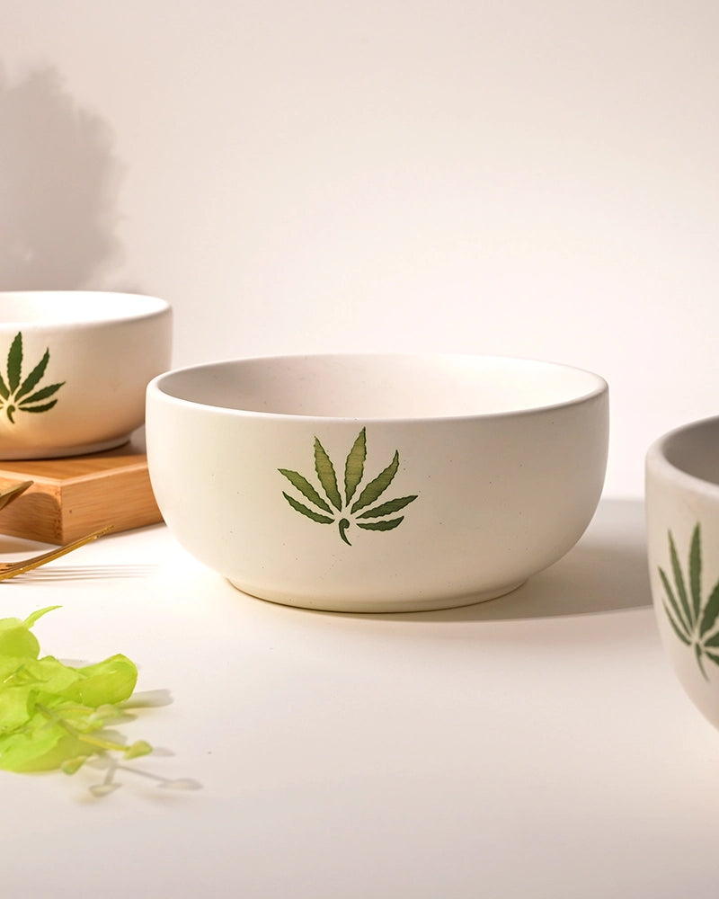 Set of three white leaf print bowls