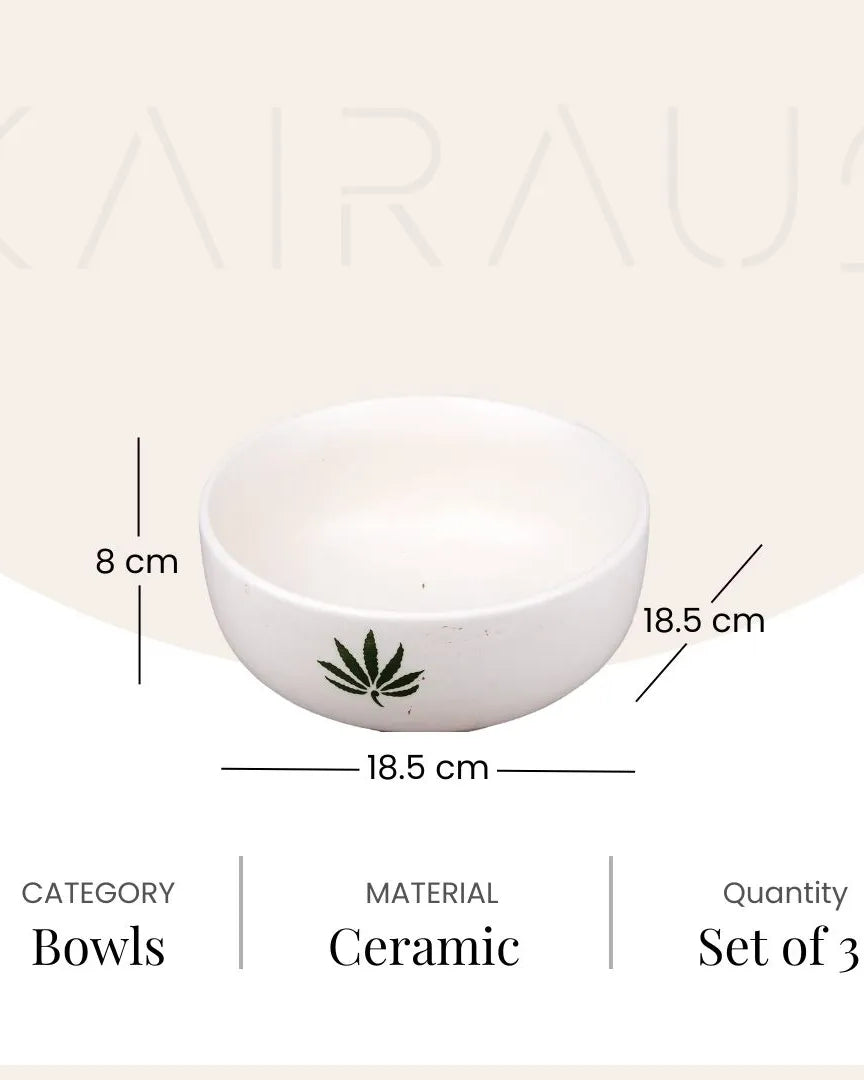 White ceramic bowls with botanical leaf design