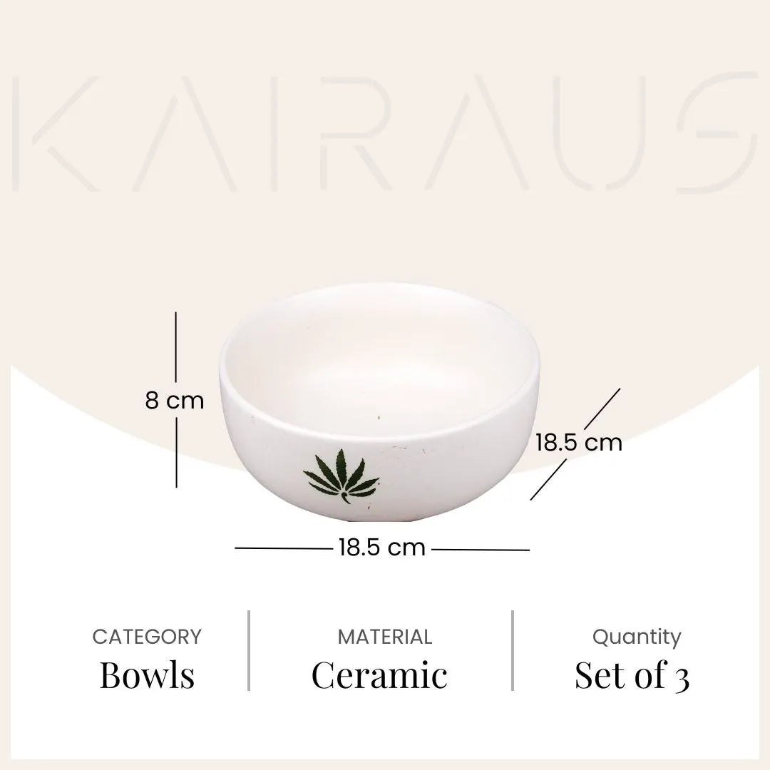 White ceramic bowls with botanical leaf design
