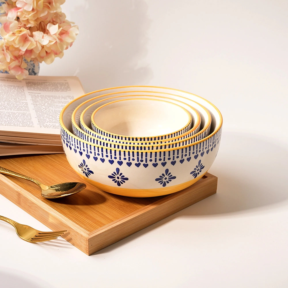 Yellow printed serving bowl set of 4