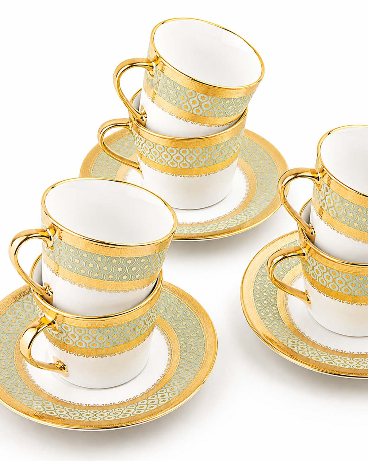 Zari set of 6 gold tea cups showcased in a stylish setting