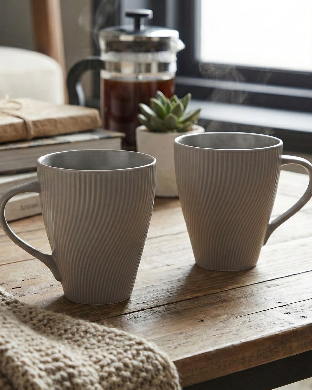 Ash Grey Unique New Bone China Coffee Mug Set of 2