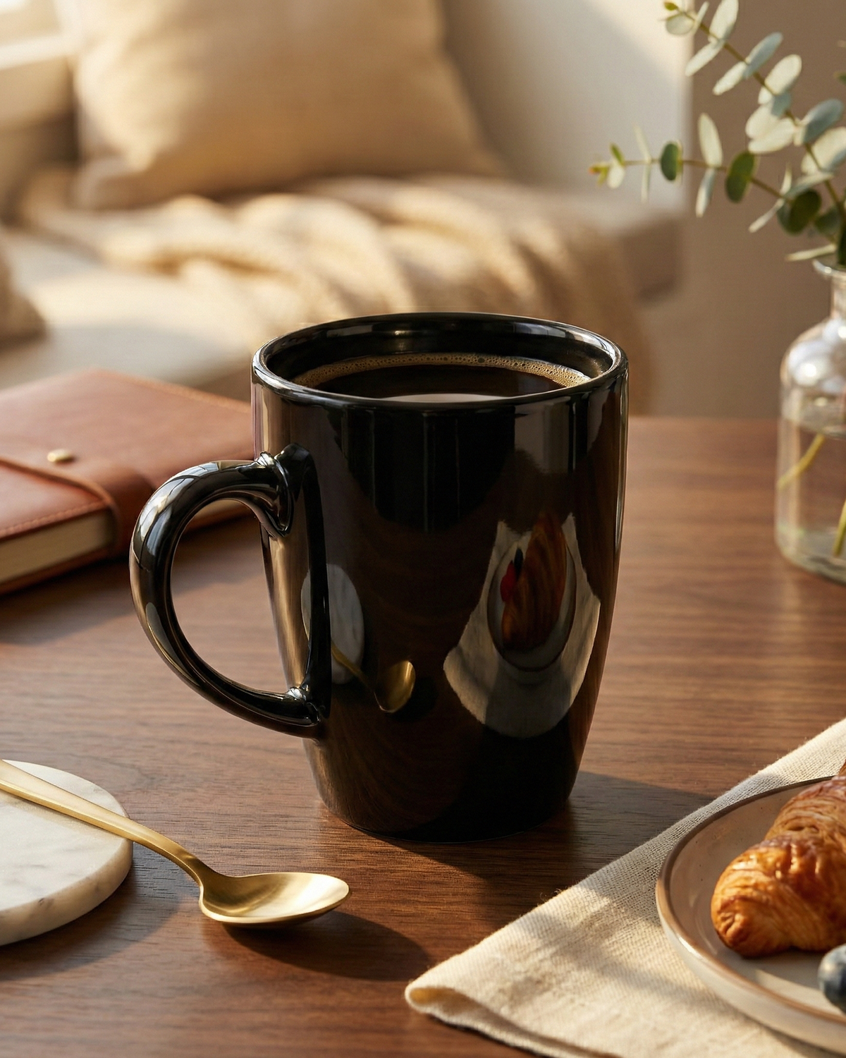 Luxe Black Ceramic Mug Lifestyle View – Kairaus