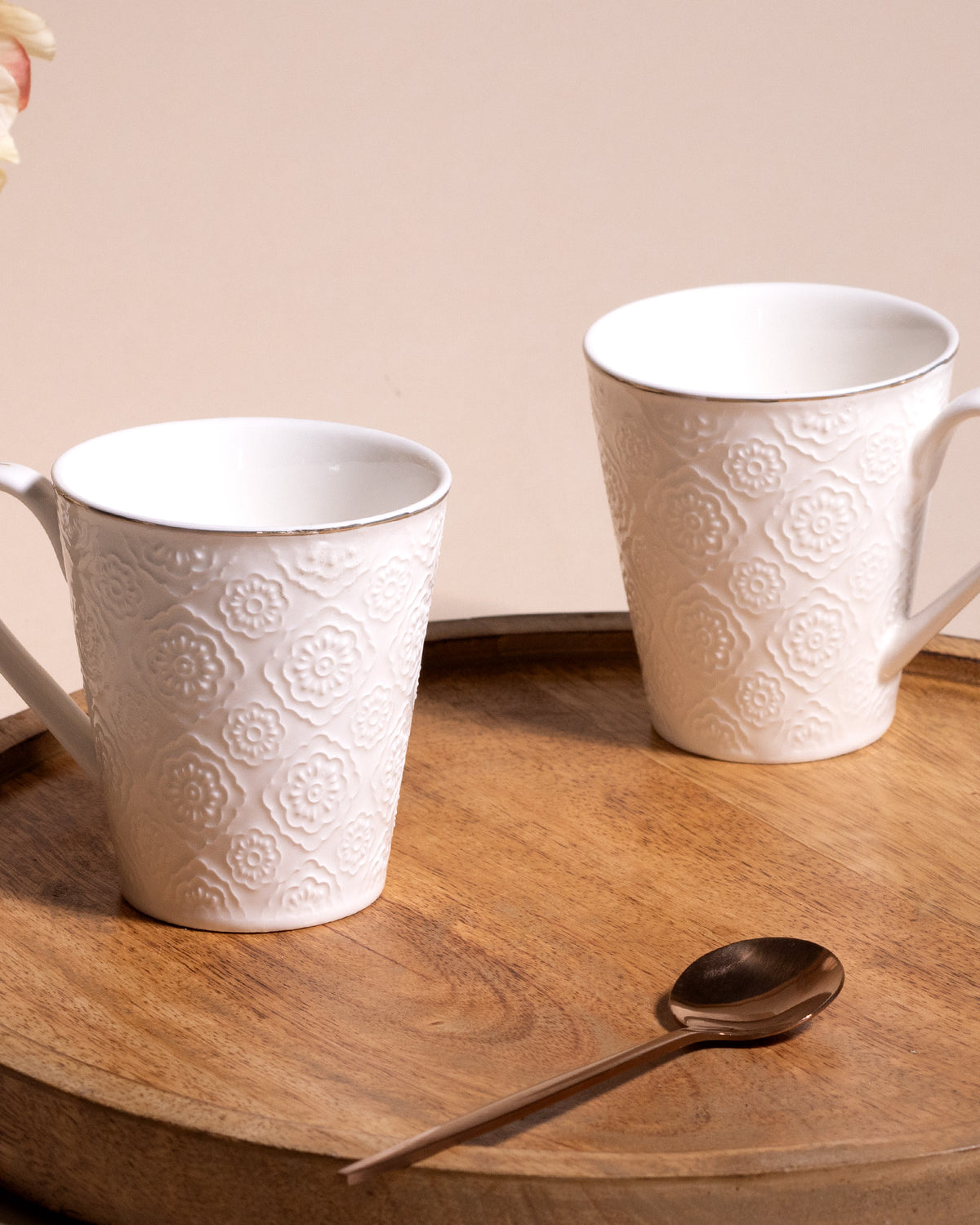 Minimalist White Floral Tea Cups Set of 2