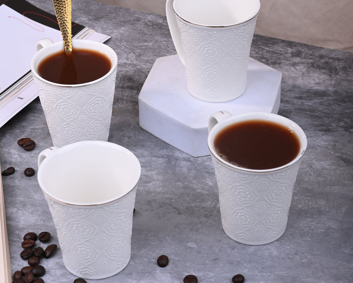Minimalist White Floral Tea Cups Set of 4