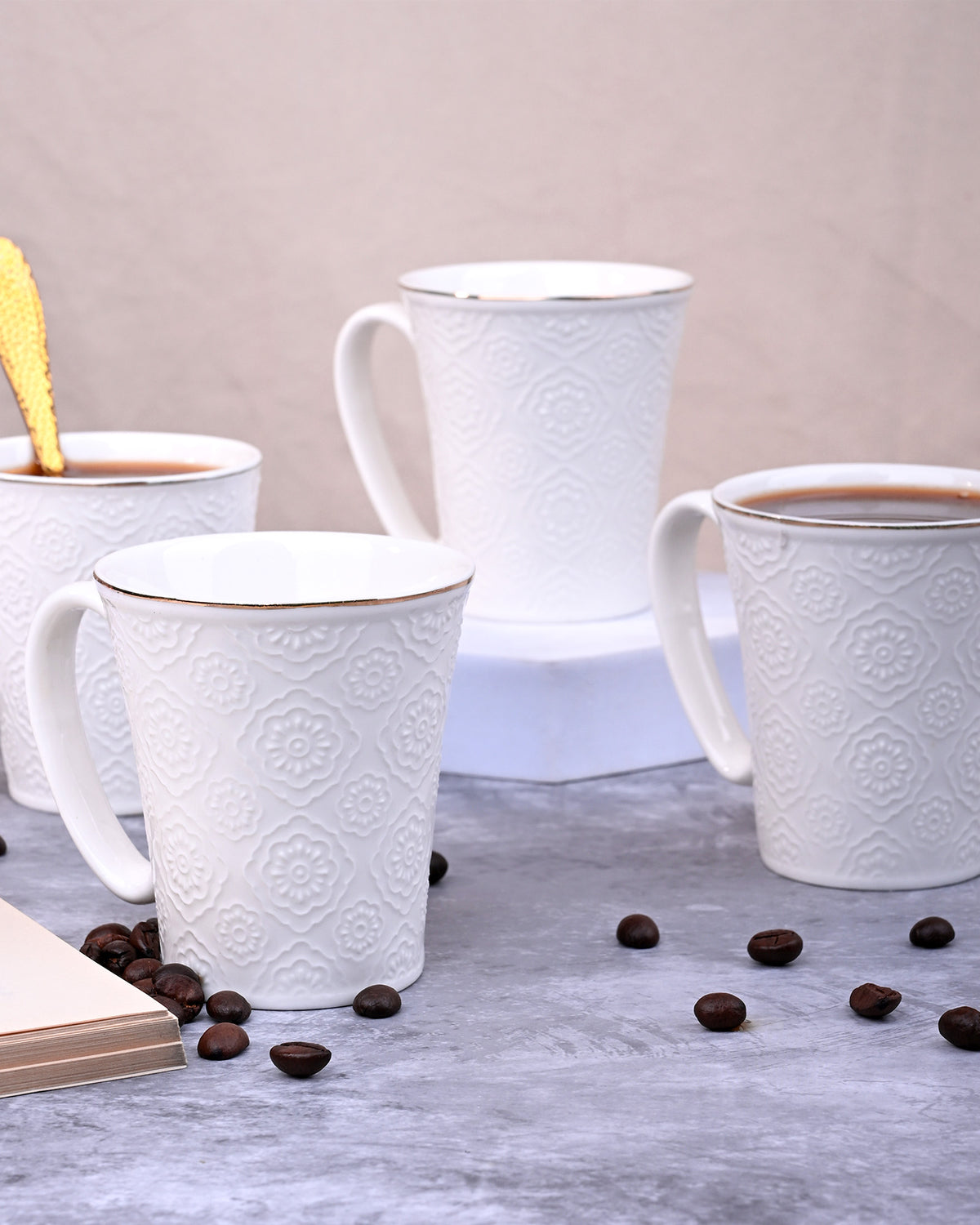Minimalist White Floral Tea Cups Set of 4