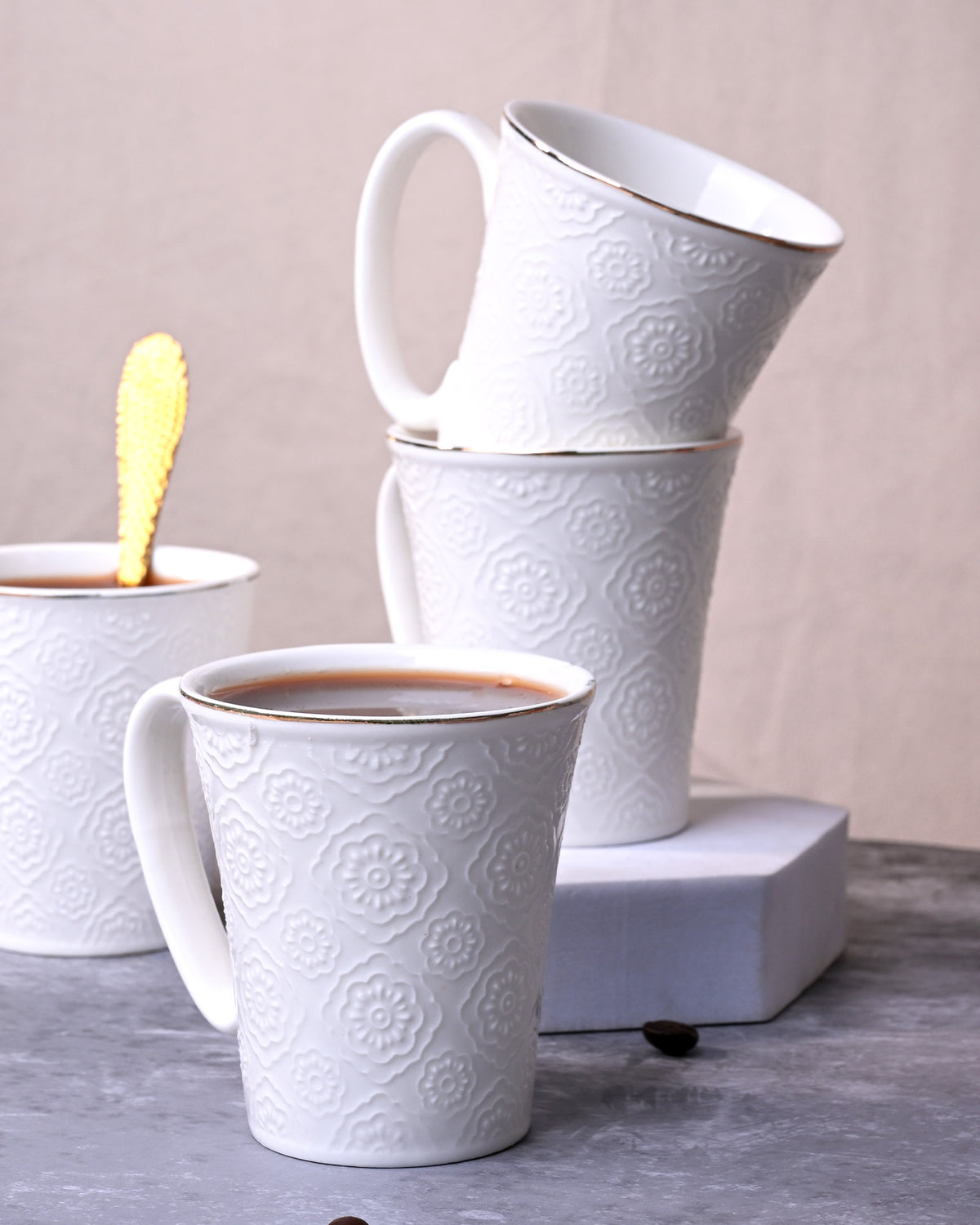 Minimalist White Floral Tea Cups Set of 4