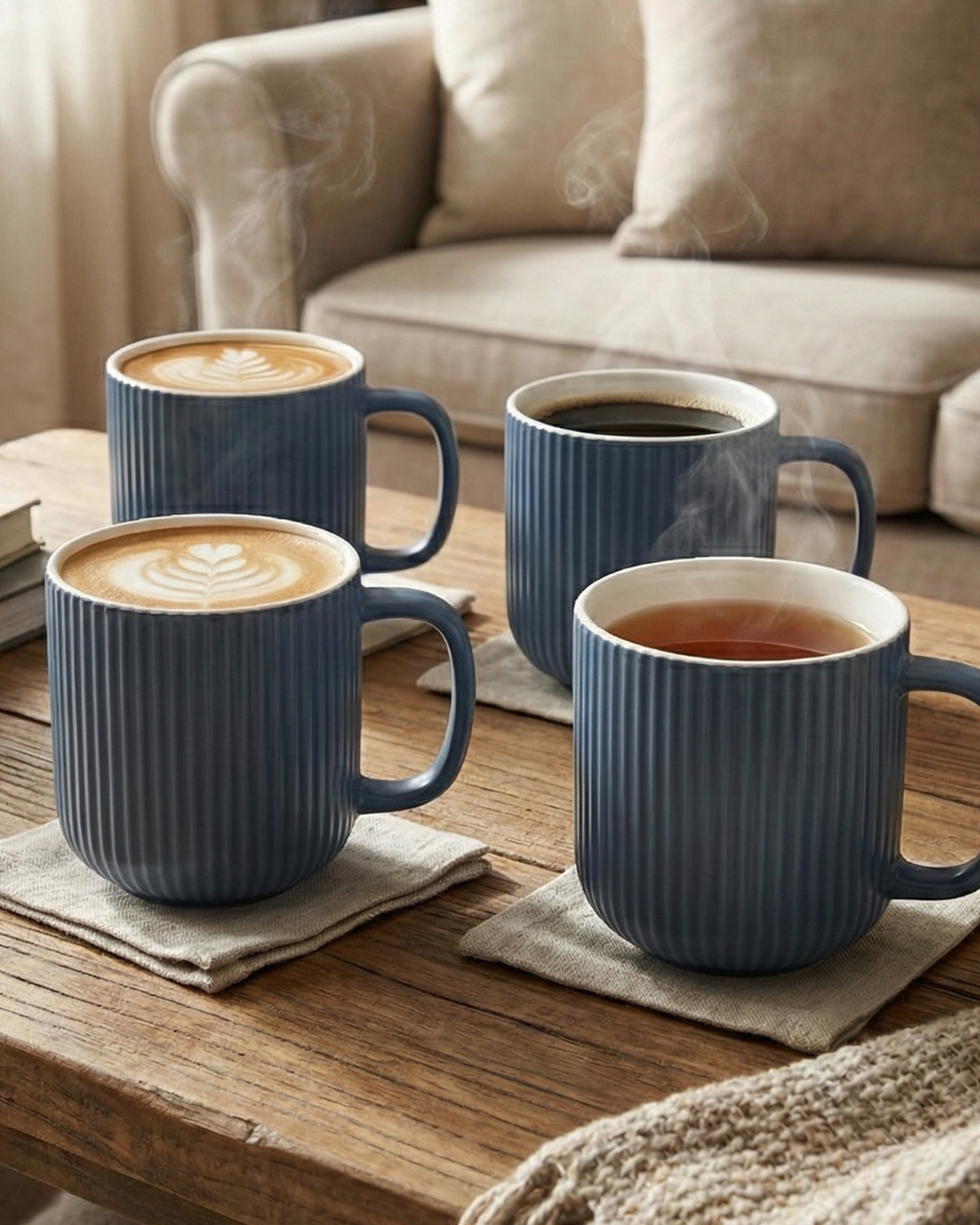 Oceanic Ribbed New Bone China Coffee Mug Set of 4