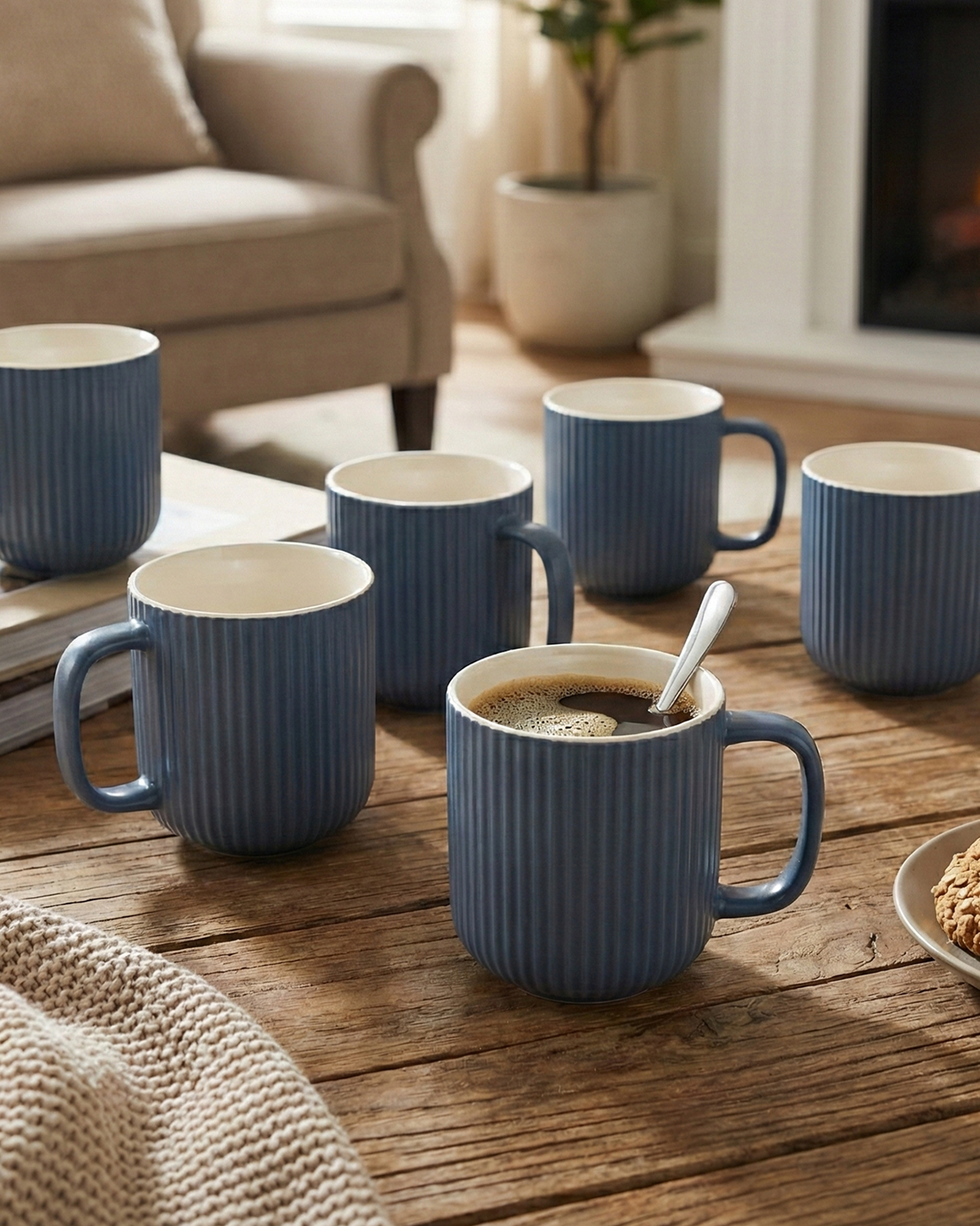 Oceanic Ribbed New Bone China Coffee Mug Set of 6
