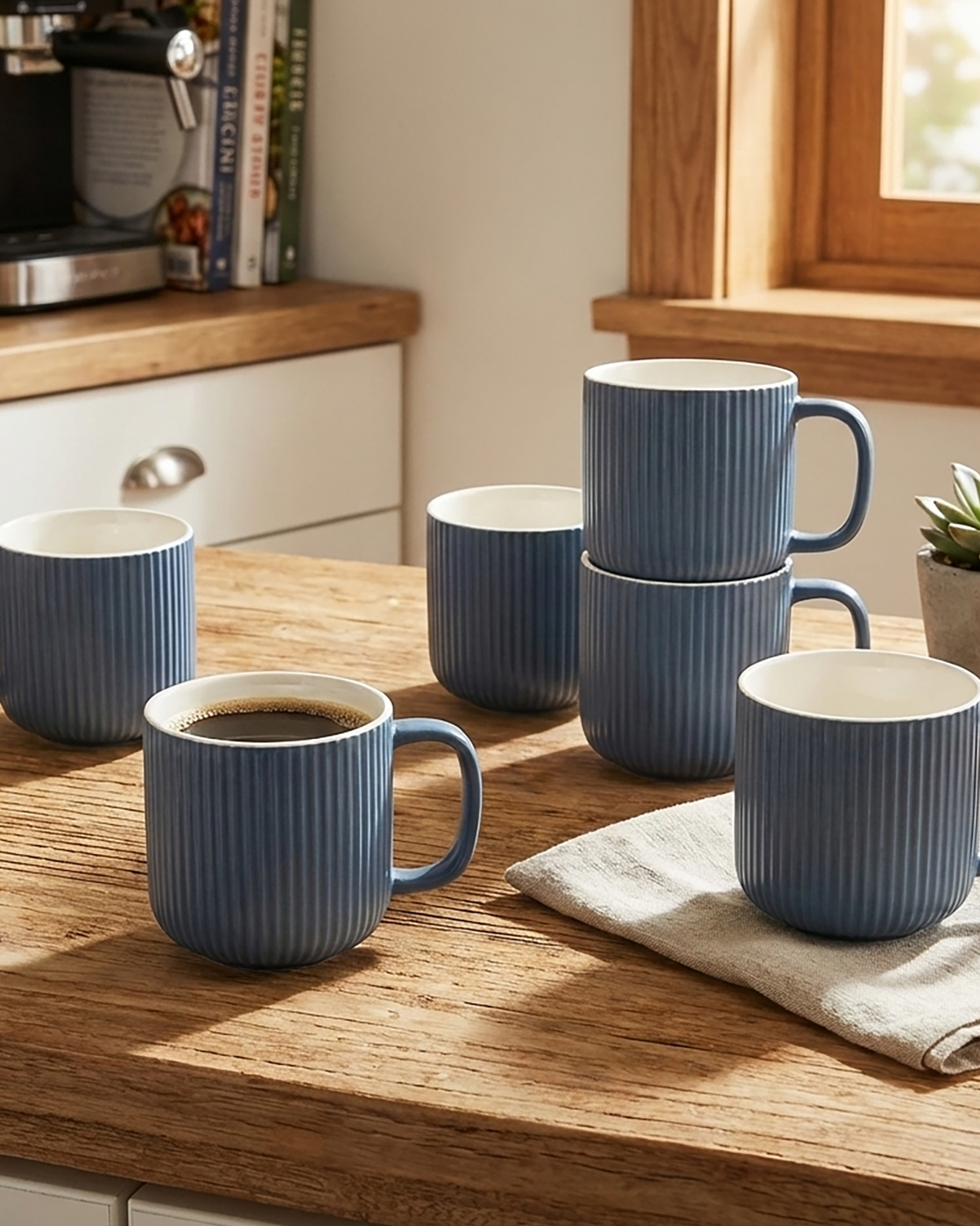 Oceanic Ribbed New Bone China Coffee Mug Set of 6