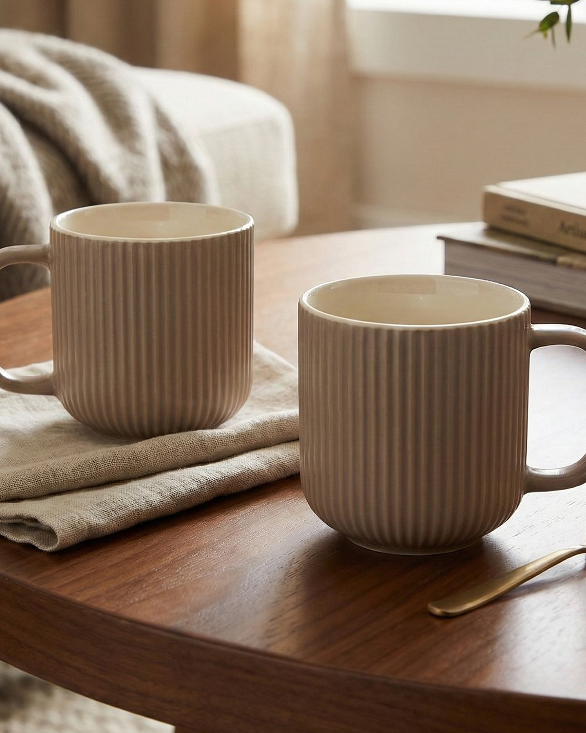 Earthy Ribbed New Bone China Coffee Mug Set of 2