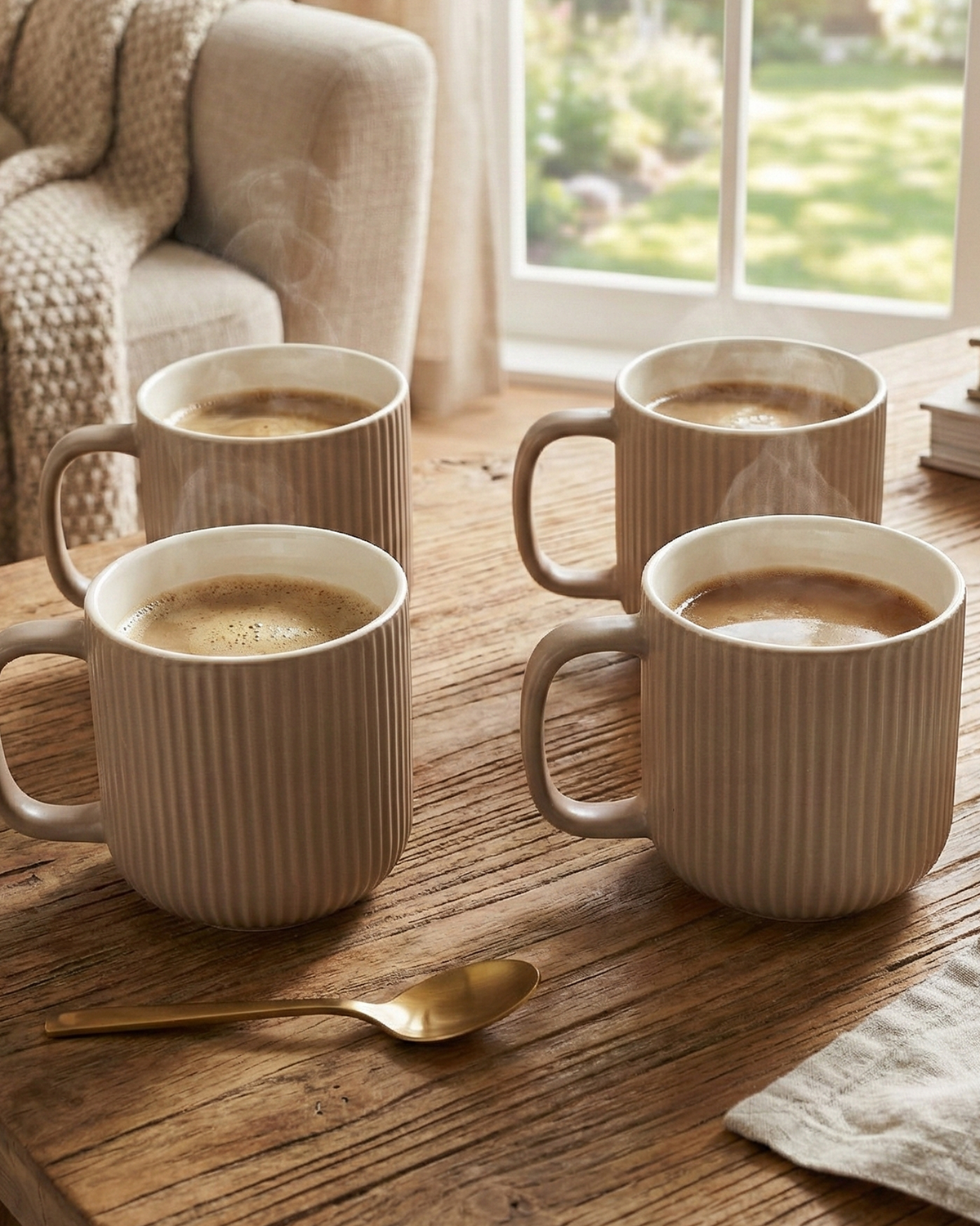 Earthy Ribbed New Bone China Coffee Mug Set of 4