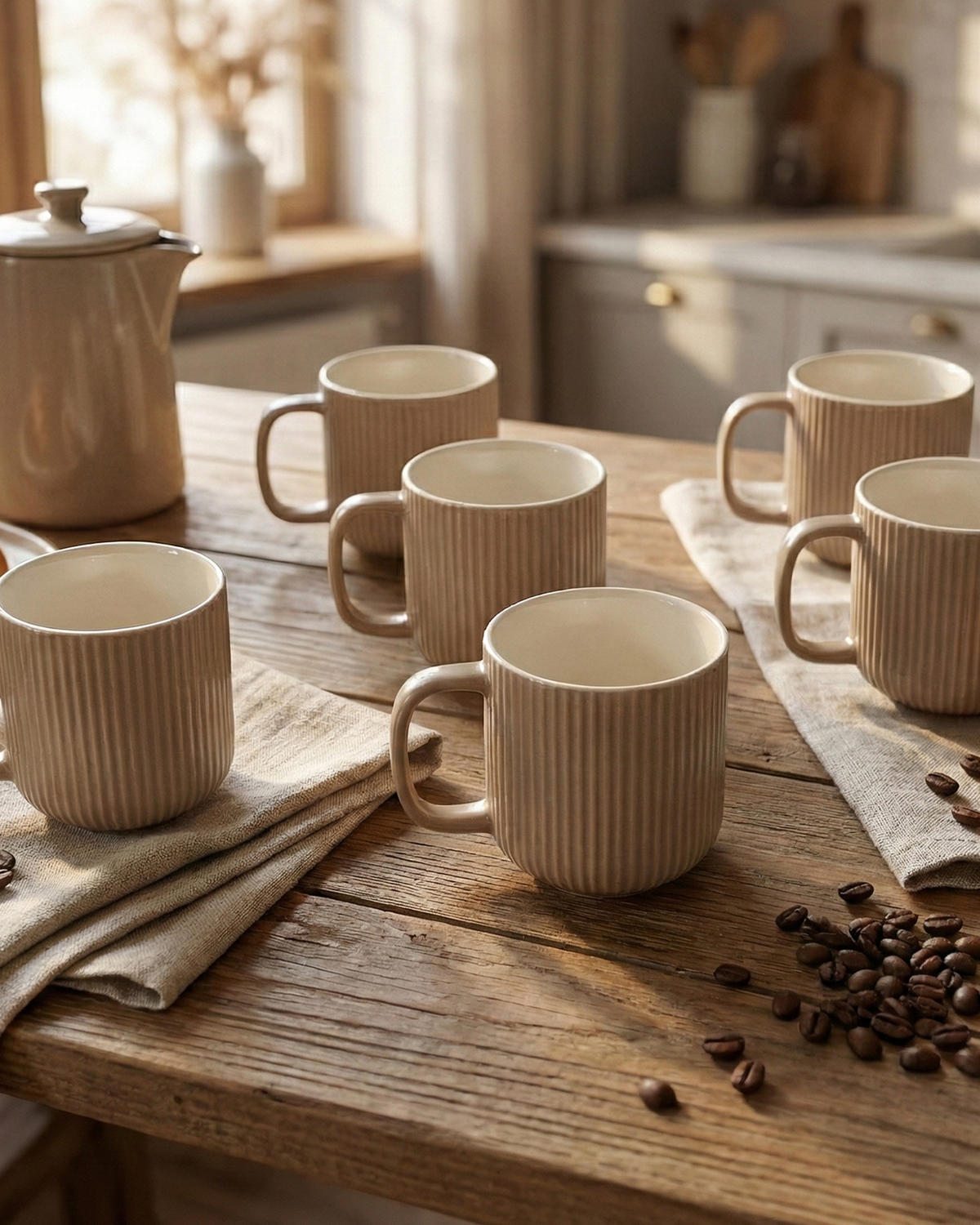 Earthy Ribbed New Bone China Coffee Mug Set of 6