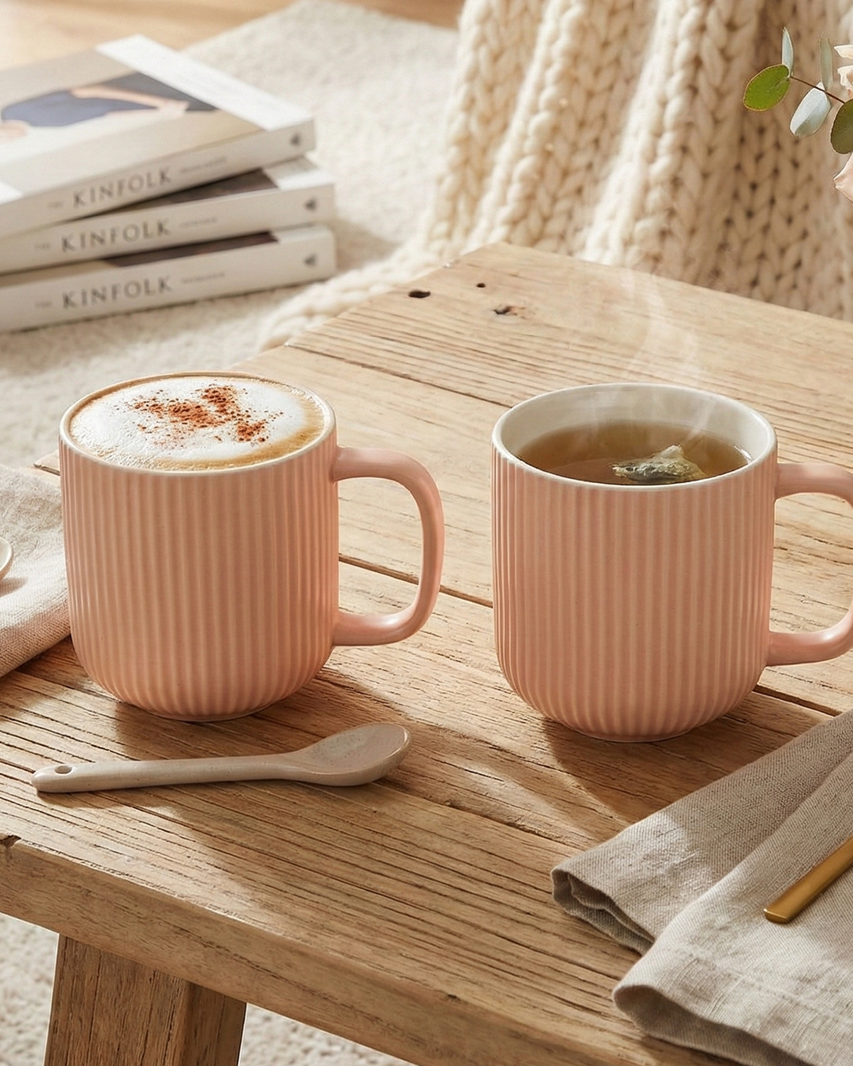 Misty Rose Ribbed New Bone China Coffee Mug Set of 2