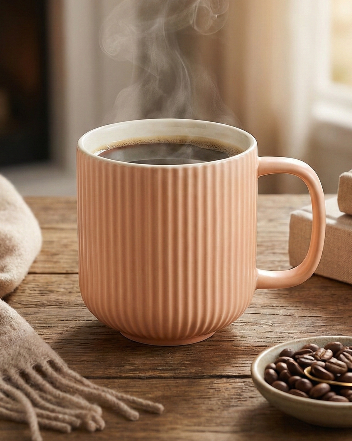 Misty Rose Ribbed New Bone China Coffee Mug