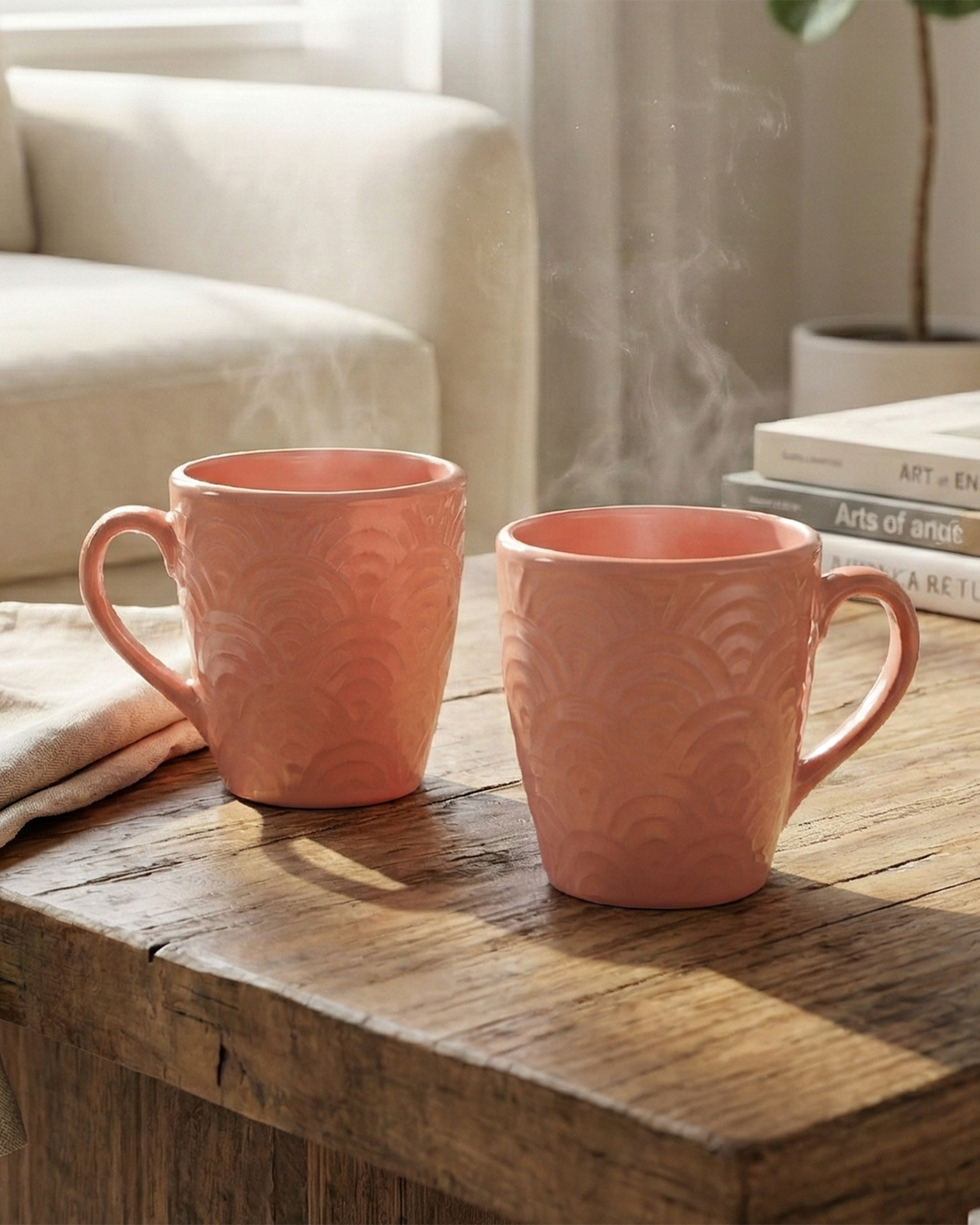Peachy Coral Pink Ceramic Coffee Mug Set of 2