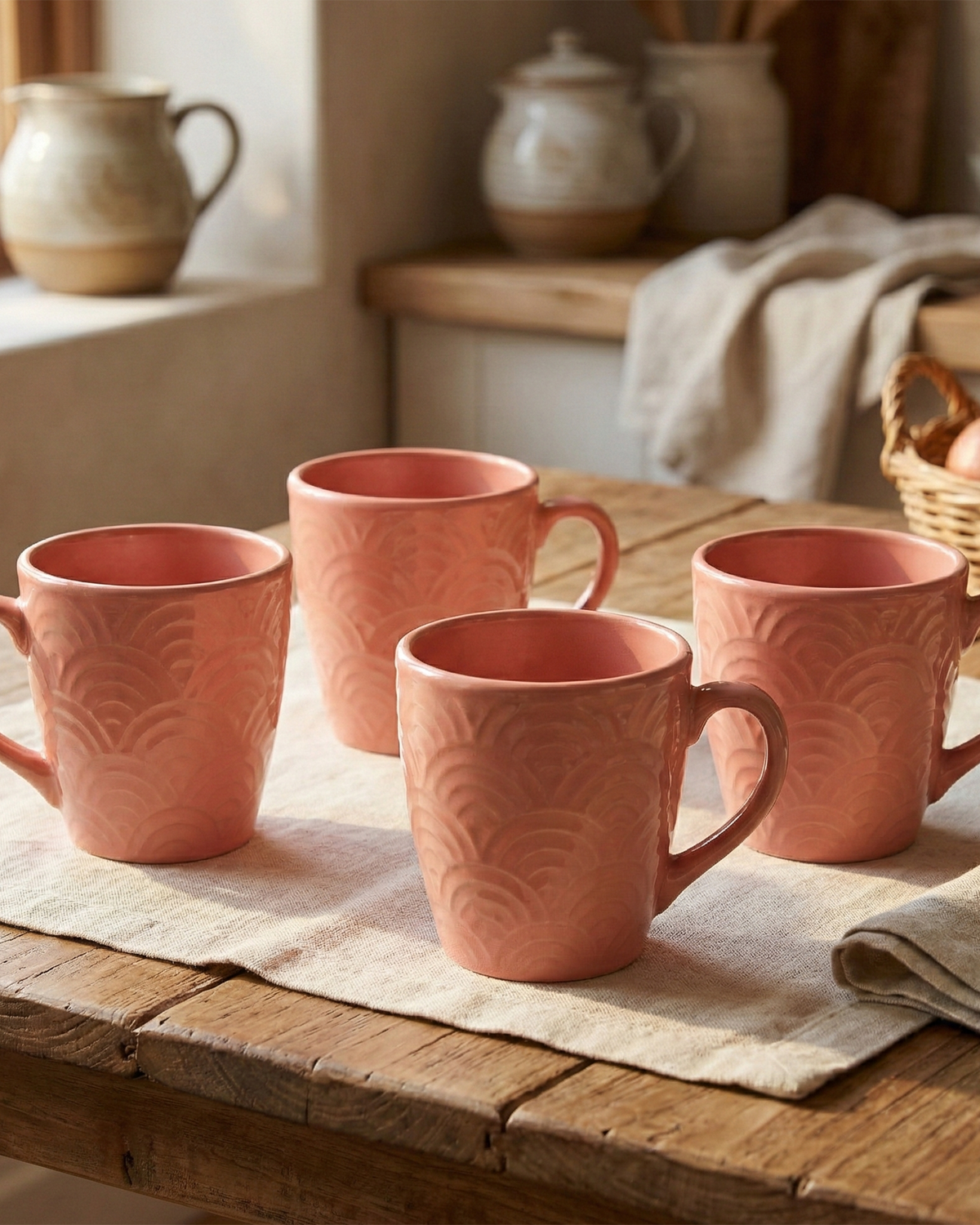 Peachy Coral Pink Ceramic Coffee Mug Set of 4
