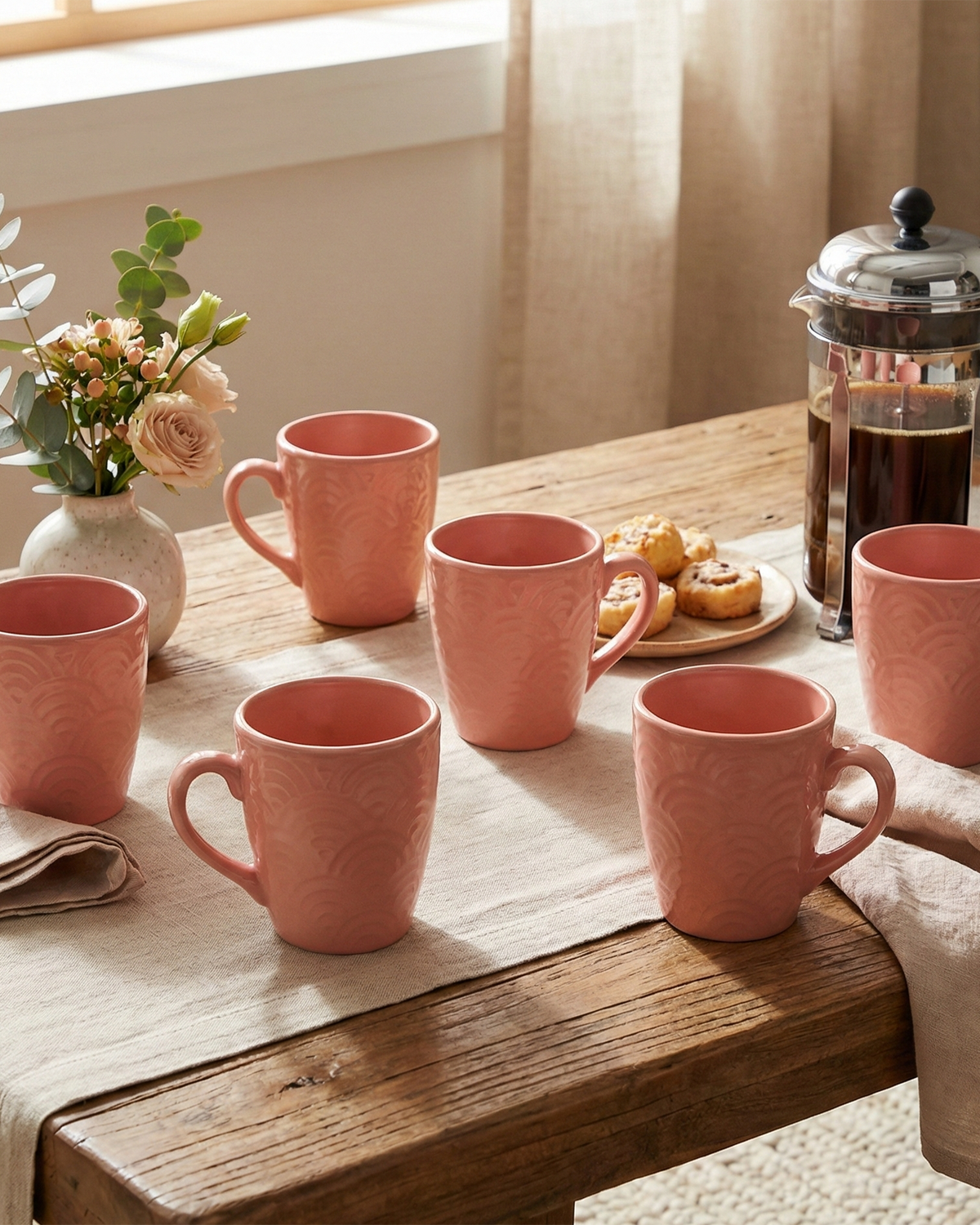 Peachy Coral Pink Ceramic Coffee Mug Set of 6