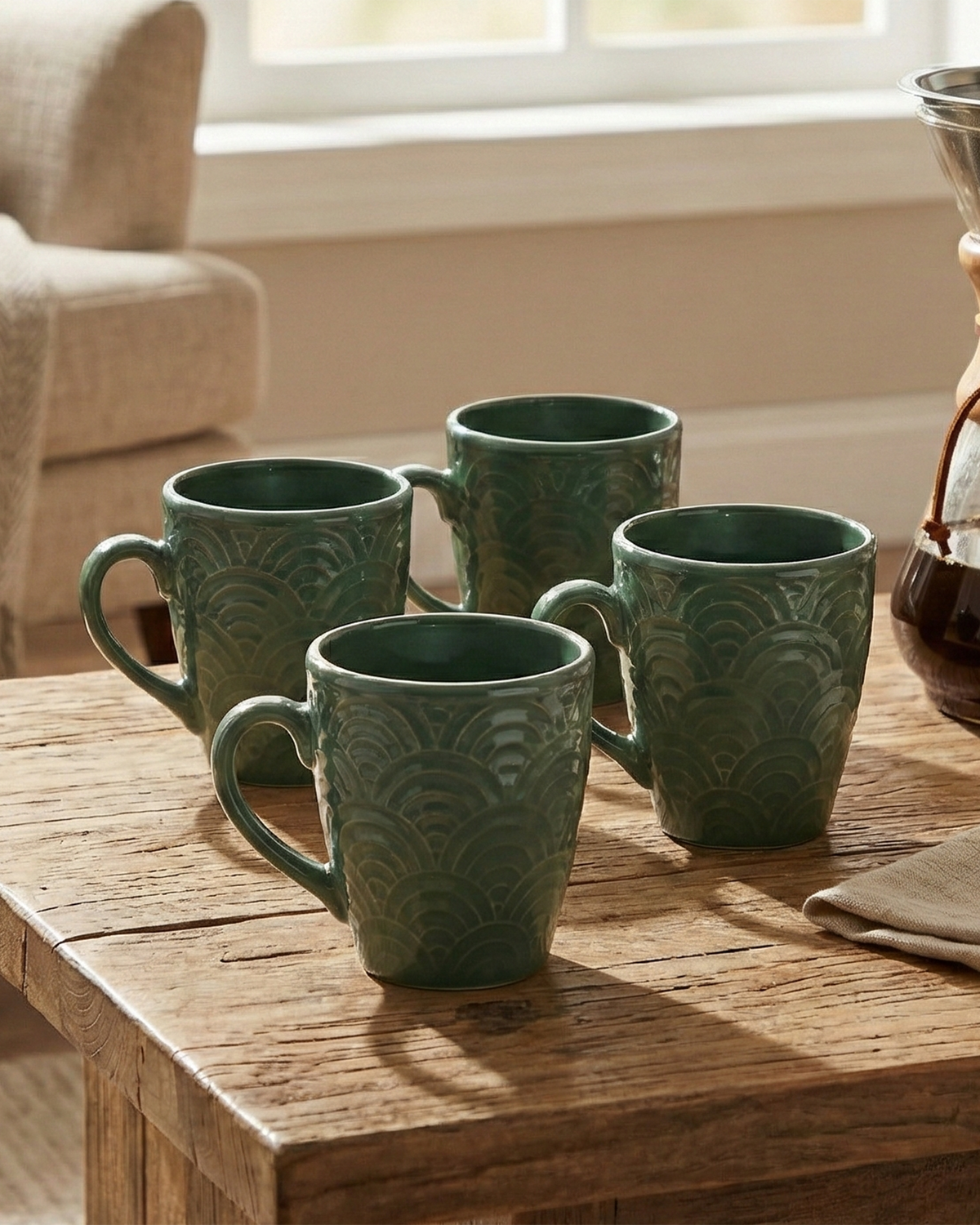 Pine Green Ceramic Coffee Mug Set of 4