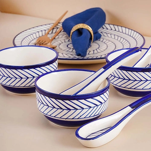 37 Pcs Blue Stripes Ceramic Dinner Set