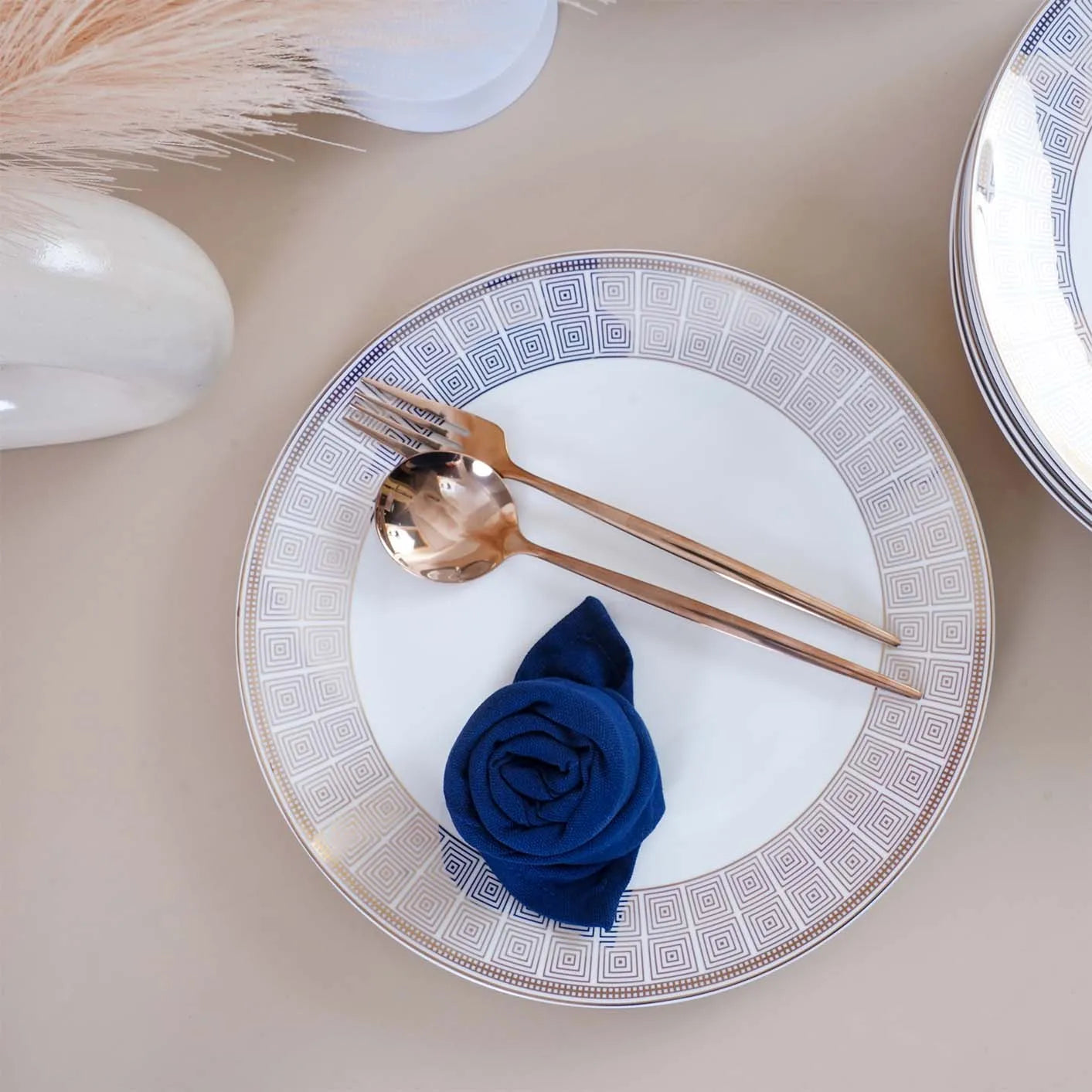 51 Pcs White and Blue Glossy Dinner Set