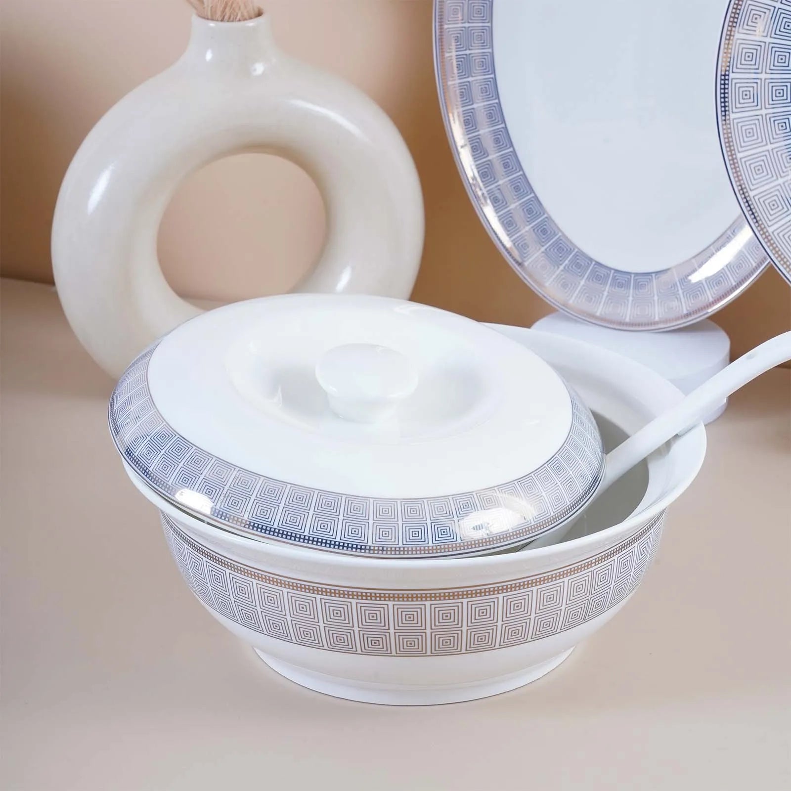 51 Pcs White and Blue Glossy Dinner Set