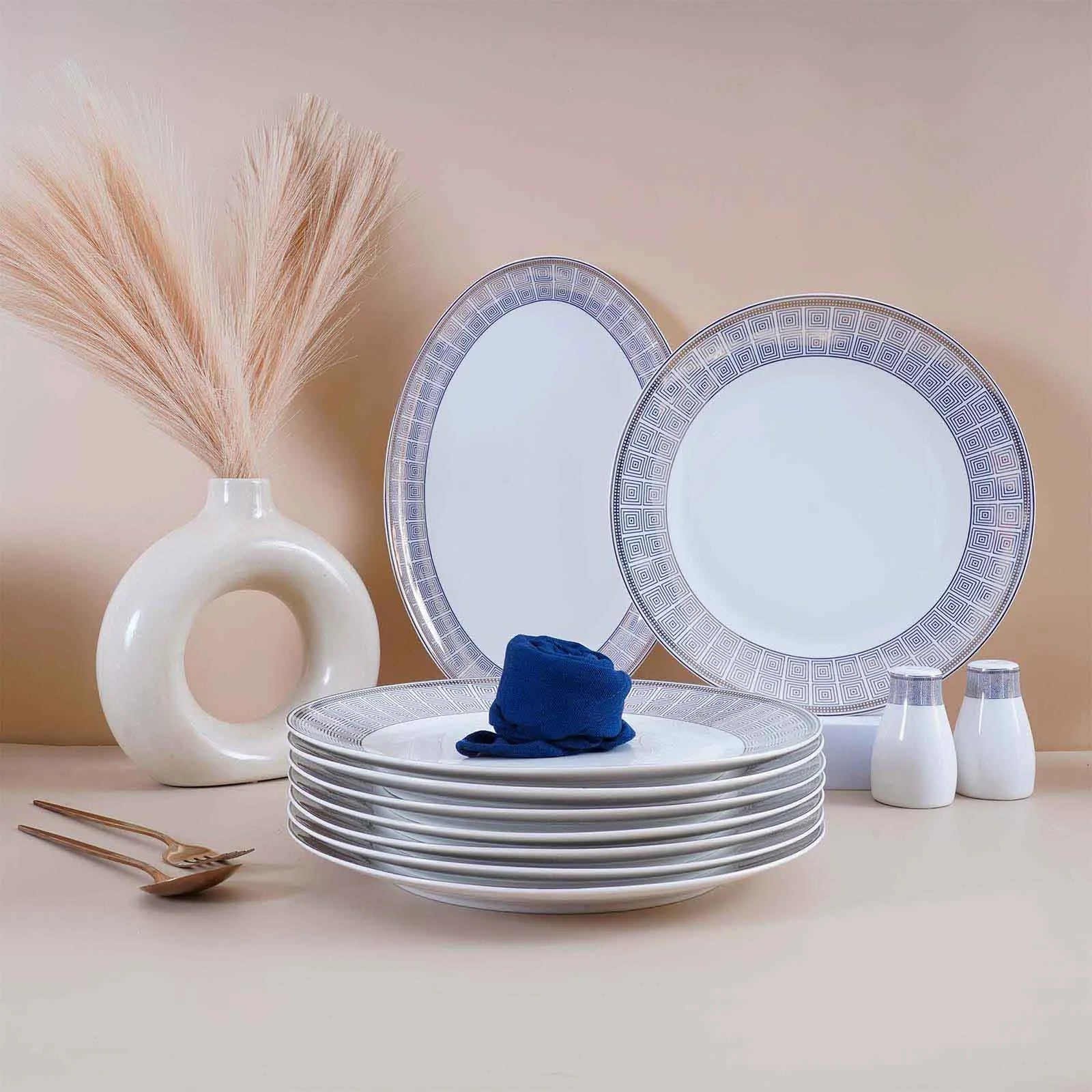 51 Pcs White and Blue Glossy Dinner Set