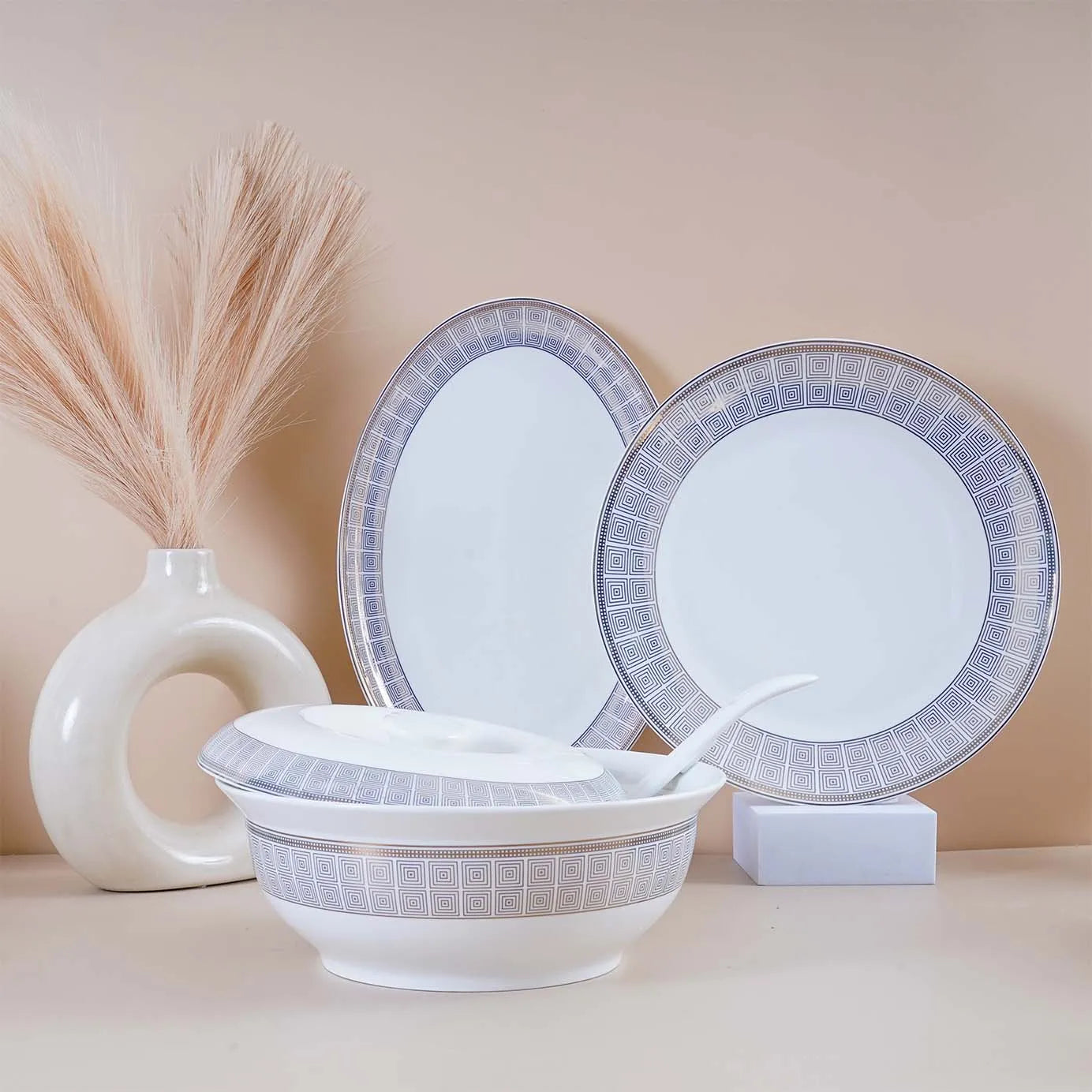 51 Pcs White and Blue Glossy Dinner Set
