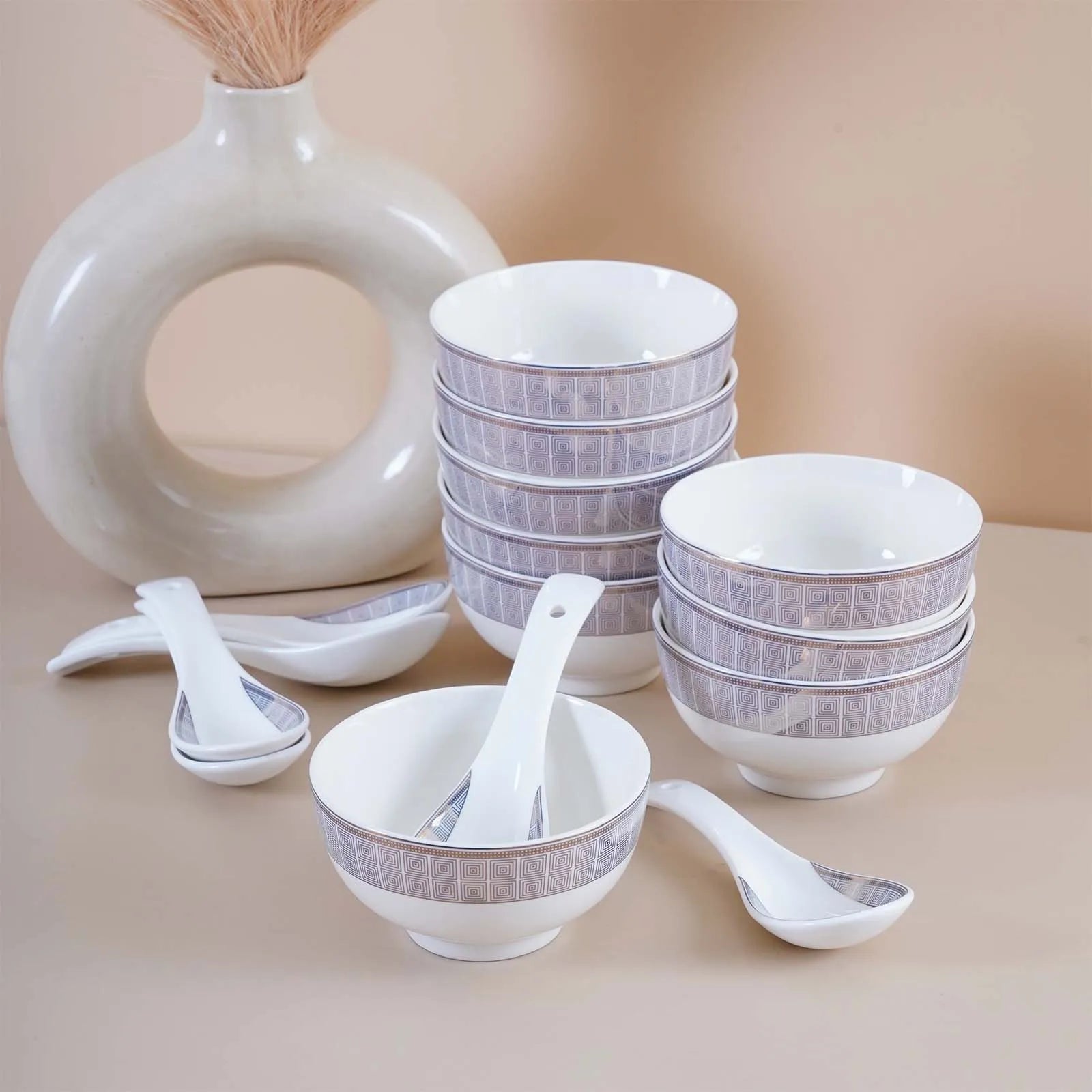 51 Pcs White and Blue Glossy Dinner Set