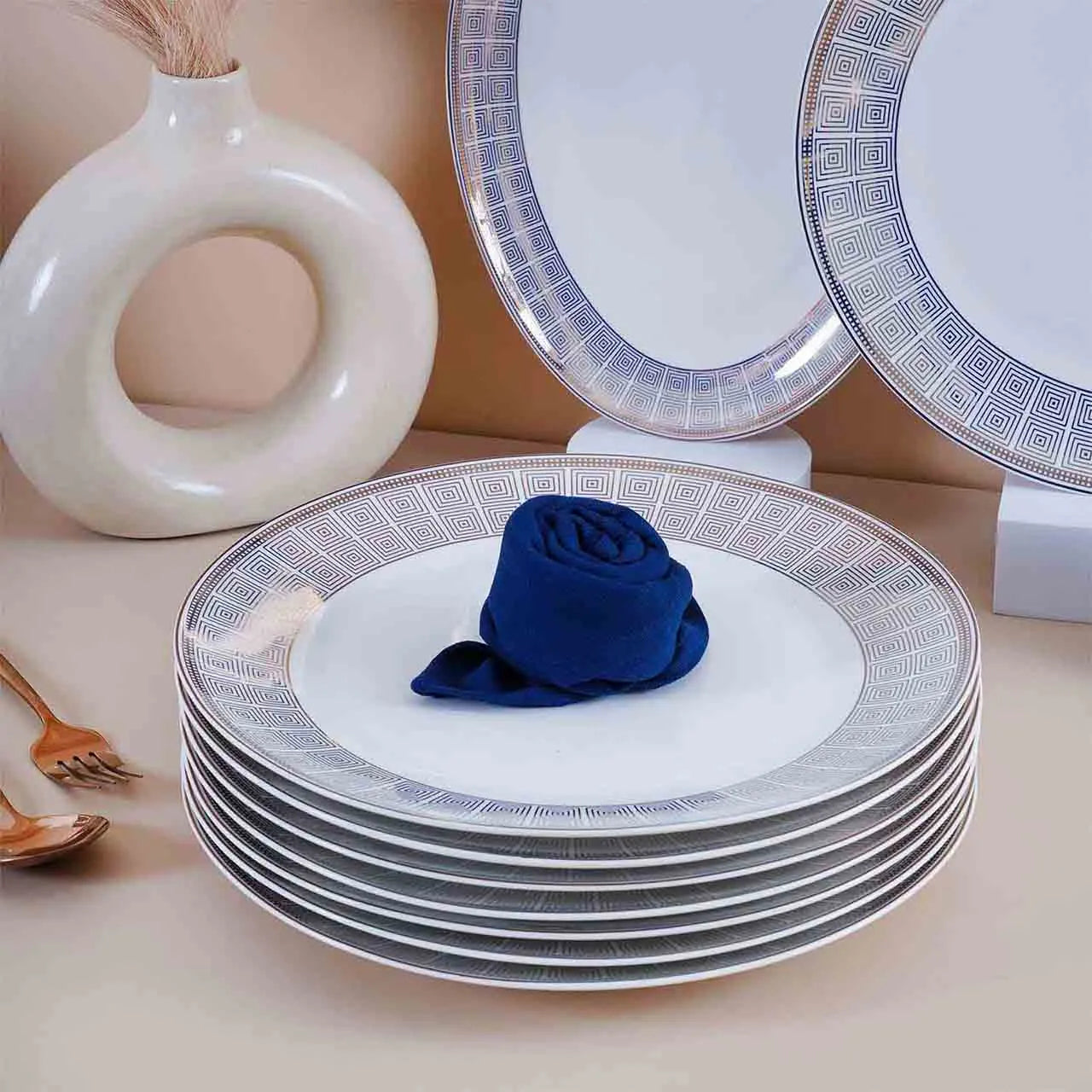 51 Pcs White and Blue Glossy Dinner Set