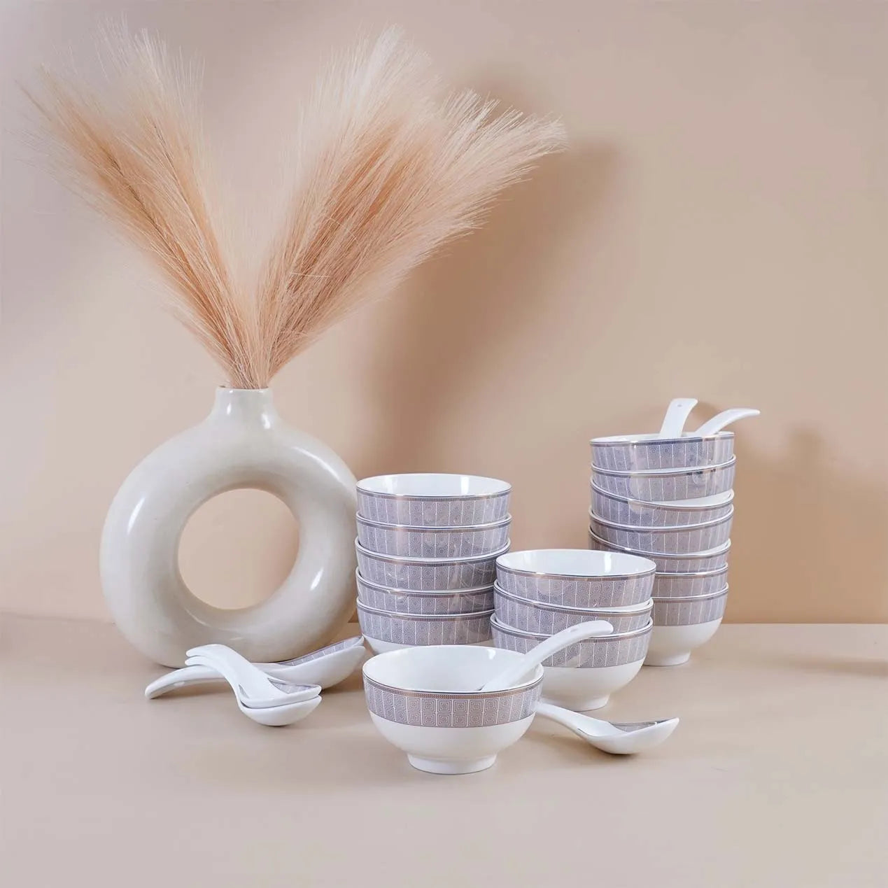 51 Pcs White and Blue Glossy Dinner Set