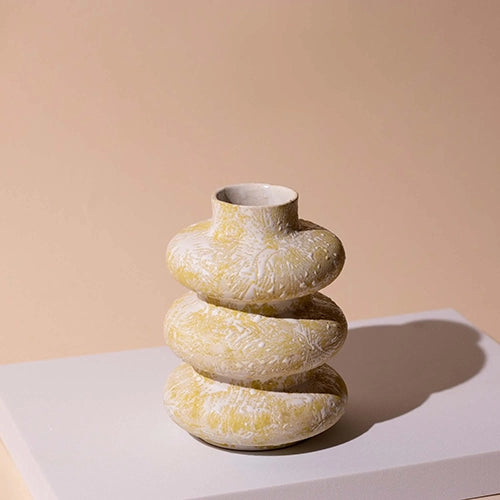 Beige Tri-Ring Ceramic Vase