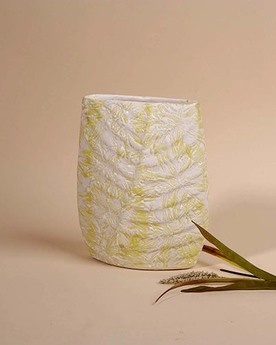 Cream Textured Leaf Imprint Vase