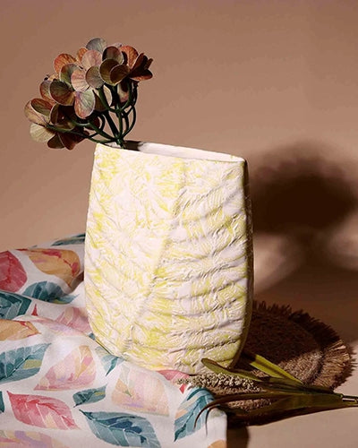 Cream Textured Leaf Imprint Vase