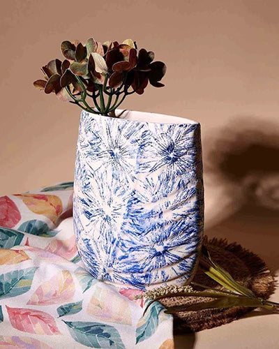 Blue Textured Leaf Imprint Vase