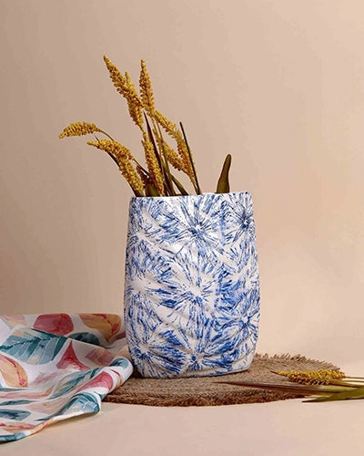 Blue Textured Leaf Imprint Vase