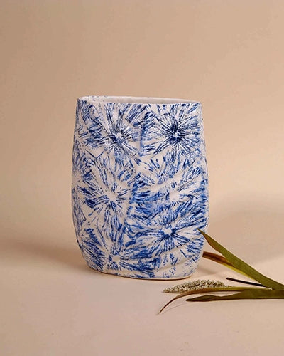 Blue Textured Leaf Imprint Vase