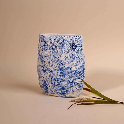 Blue Textured Leaf Imprint Vase