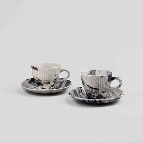 Opulent Marble-Inspired Cup and Saucer (Set of 6)