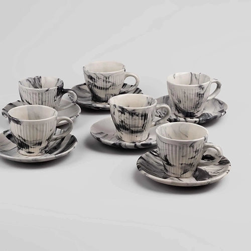 Opulent Marble-Inspired Cup and Saucer (Set of 6)