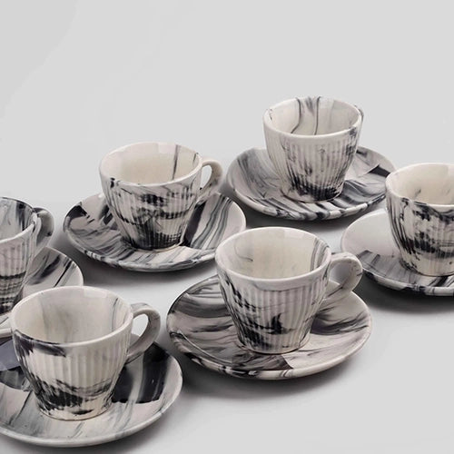 Opulent Marble-Inspired Cup and Saucer (Set of 6)