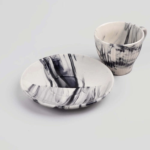 Opulent Marble-Inspired Cup and Saucer (Set of 4)