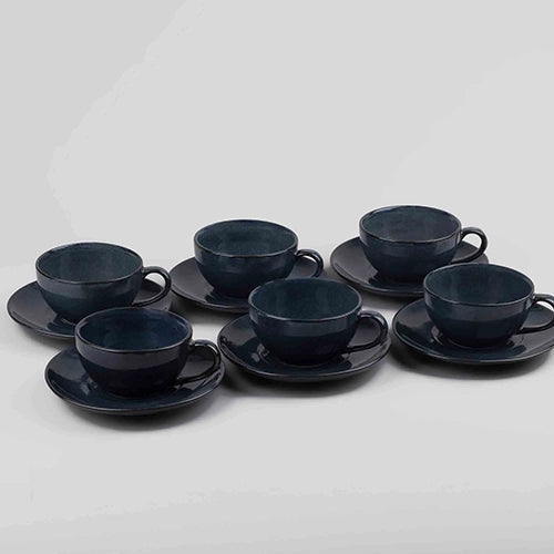 Artisanal Slate Grey Porcelain Cup & Saucer (Set of 6)