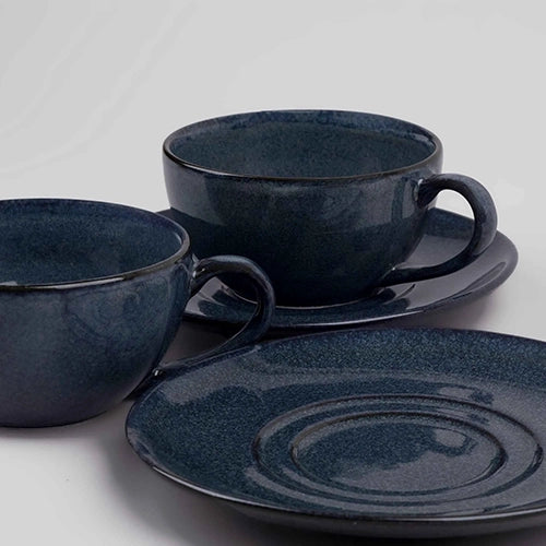 Artisanal Slate Grey Porcelain Cup & Saucer (Set of 6)