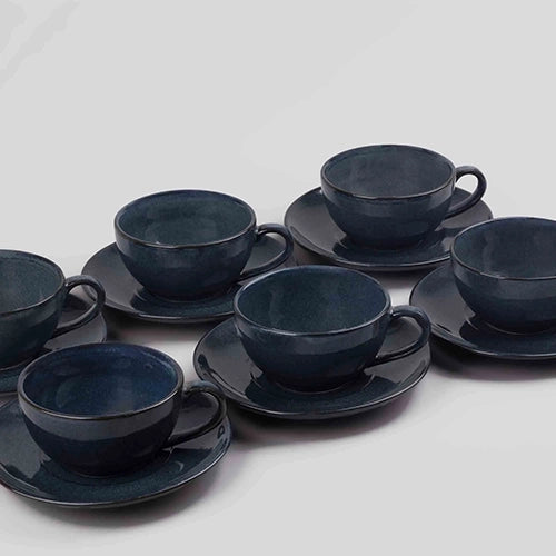 Artisanal Slate Grey Porcelain Cup & Saucer (Set of 6)