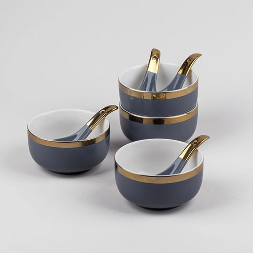 Luxe Grey Porcelain Gold-Rim Bowl (Set of 4)