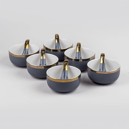 Luxe Grey Porcelain Gold-Rim Bowl (Set of 6)