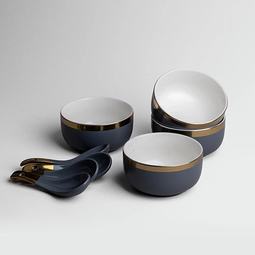 Luxe Grey Porcelain Gold-Rim Bowl (Set of 6)